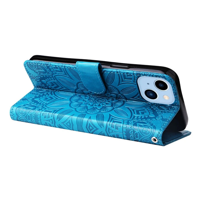 For iPhone 14 Plus Sunflower Imprinting Magnetic Clasp Case PU Leather Phone Stand Wallet Protective Cover with Strap - Blue - 4