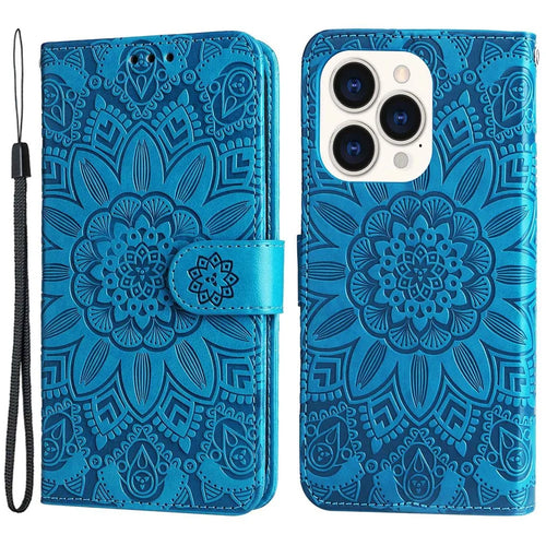 For iPhone 14 Pro 6.1 inch Sunflower Imprinting PU Leather Phone Drop-proof Case Flip Stand Wallet Cover with Strap - Blue - 1