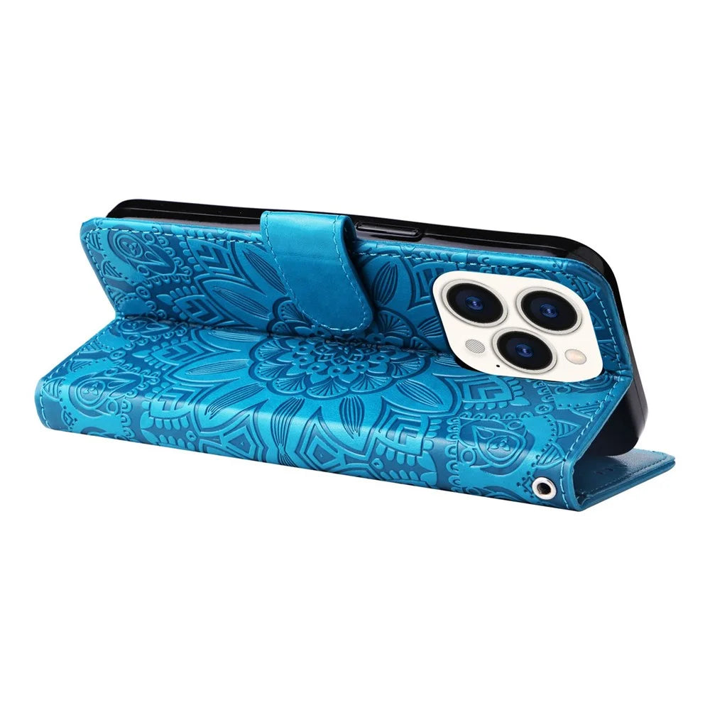 For iPhone 14 Pro 6.1 inch Sunflower Imprinting PU Leather Phone Drop-proof Case Flip Stand Wallet Cover with Strap - Blue - 4