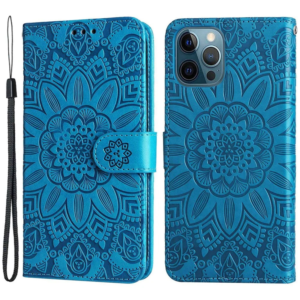 For iPhone 14 6.1 inch Sunflower Imprinting Flip Stand Case PU Leather Wallet Phone Protective Cover with Strap - Blue - 1