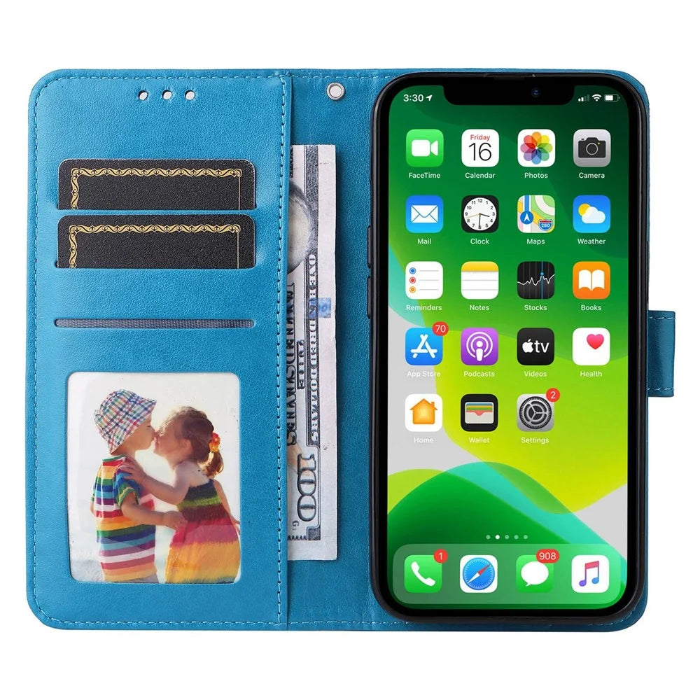 For iPhone 14 6.1 inch Sunflower Imprinting Flip Stand Case PU Leather Wallet Phone Protective Cover with Strap - Blue - 2