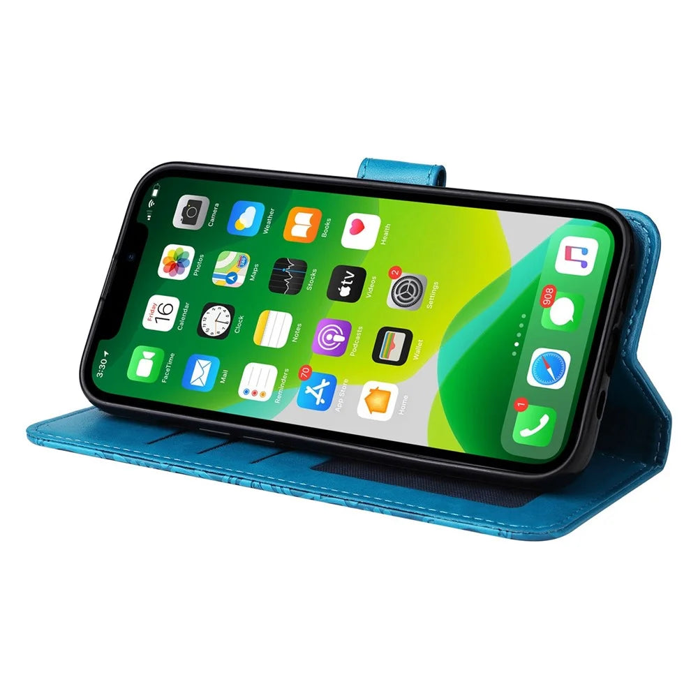 For iPhone 14 6.1 inch Sunflower Imprinting Flip Stand Case PU Leather Wallet Phone Protective Cover with Strap - Blue - 3