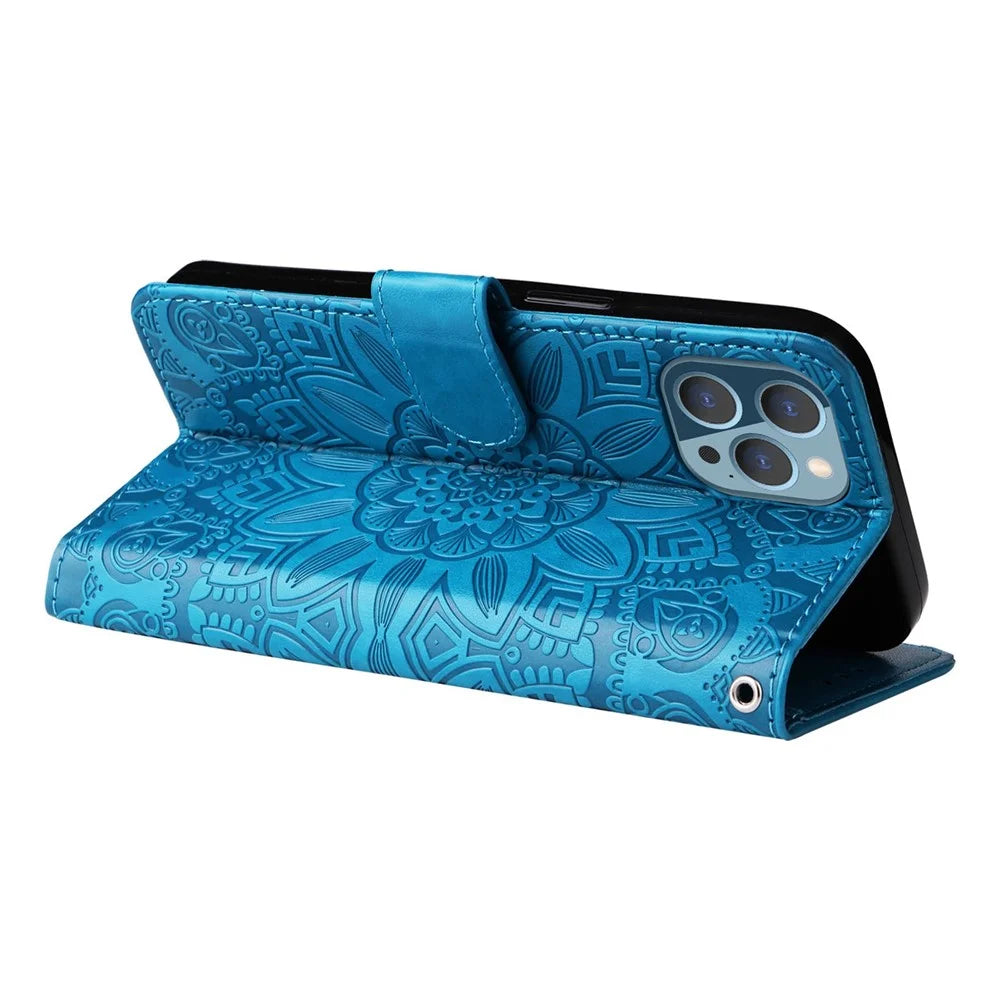 For iPhone 14 6.1 inch Sunflower Imprinting Flip Stand Case PU Leather Wallet Phone Protective Cover with Strap - Blue - 4