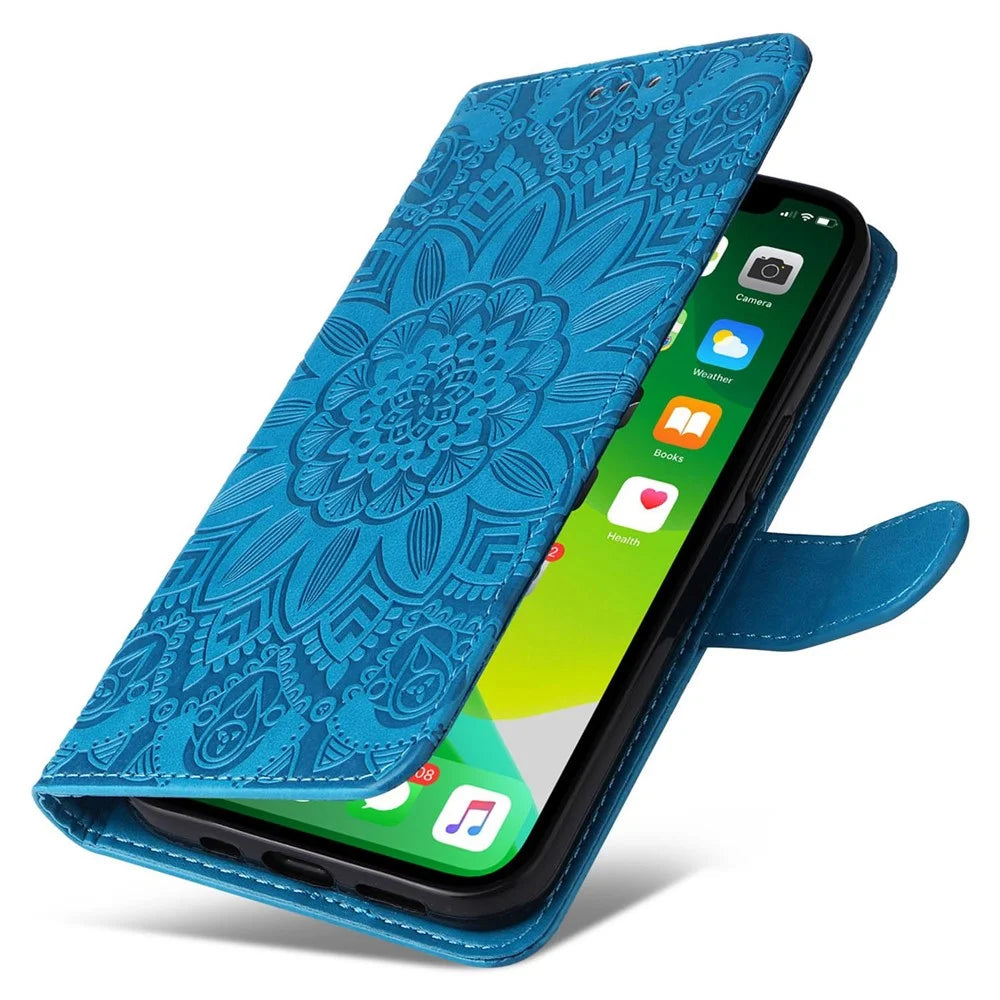 For iPhone 14 6.1 inch Sunflower Imprinting Flip Stand Case PU Leather Wallet Phone Protective Cover with Strap - Blue - 5