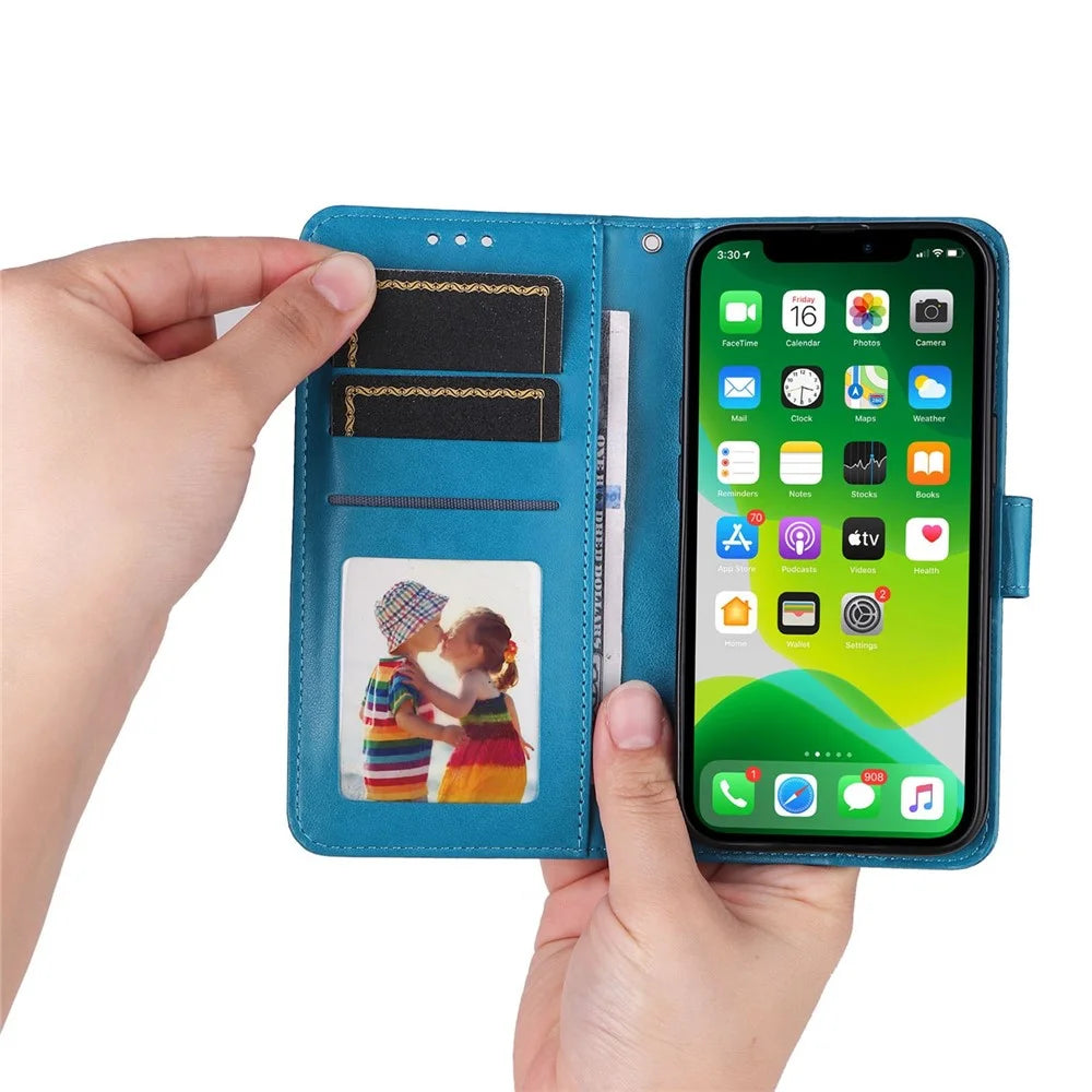 For iPhone 14 6.1 inch Sunflower Imprinting Flip Stand Case PU Leather Wallet Phone Protective Cover with Strap - Blue - 7