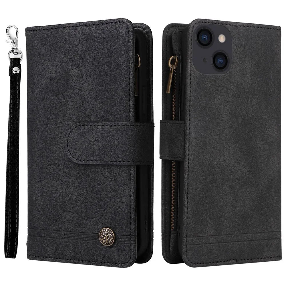 For iPhone 14 Plus Scratch Proof Skin-touch Stripes Imprinted Leather Cover Card Slots Flip Wallet Stand Protective Case with Zipper Pocket - Black - 1