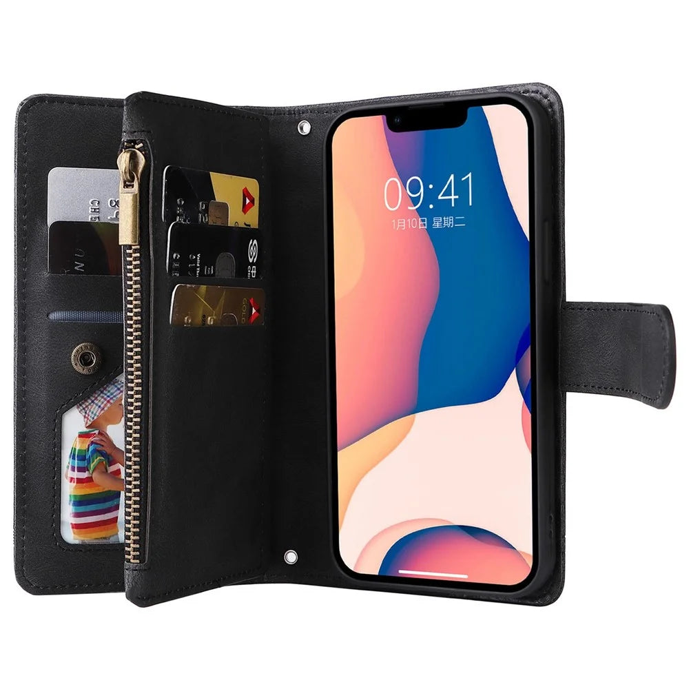 For iPhone 14 Plus Scratch Proof Skin-touch Stripes Imprinted Leather Cover Card Slots Flip Wallet Stand Protective Case with Zipper Pocket - Black - 2