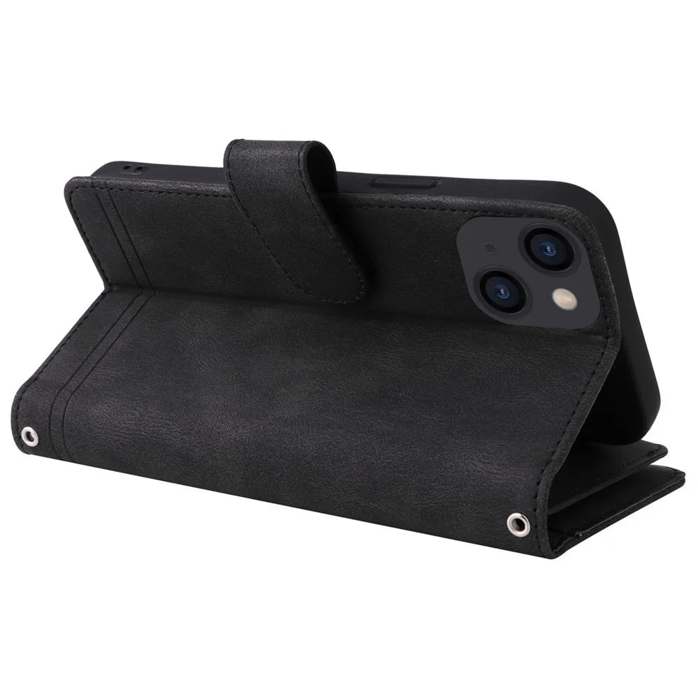 For iPhone 14 Plus Scratch Proof Skin-touch Stripes Imprinted Leather Cover Card Slots Flip Wallet Stand Protective Case with Zipper Pocket - Black - 5