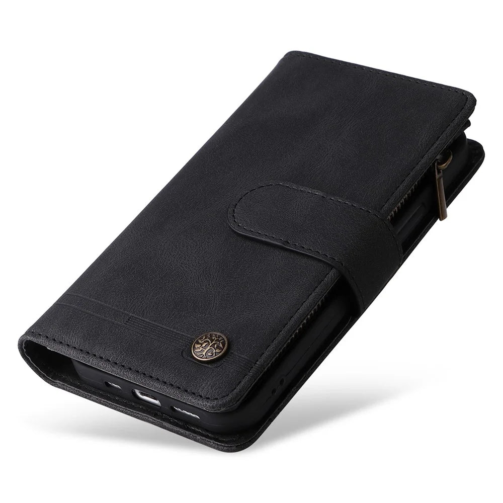 For iPhone 14 Plus Scratch Proof Skin-touch Stripes Imprinted Leather Cover Card Slots Flip Wallet Stand Protective Case with Zipper Pocket - Black - 7