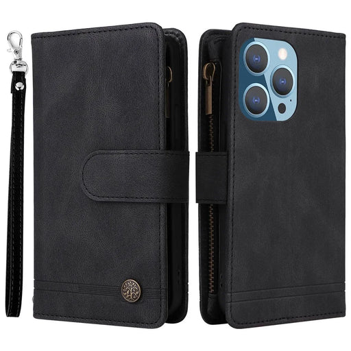 For iPhone 14 Pro 6.1 inch Anti-fall Skin-touch Stripes Imprinted Leather Cover Card Slots Flip Wallet Stand Protective Case with Zipper Pocket - Black - 1
