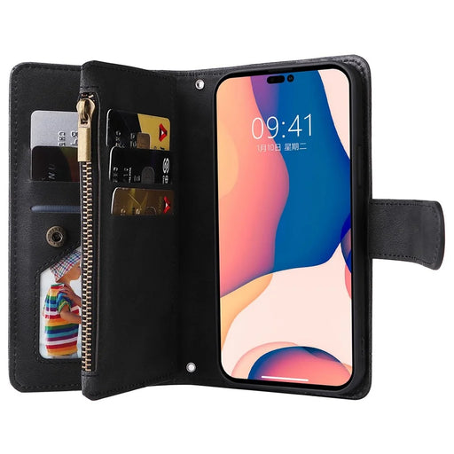 For iPhone 14 Pro 6.1 inch Anti-fall Skin-touch Stripes Imprinted Leather Cover Card Slots Flip Wallet Stand Protective Case with Zipper Pocket - Black - 2