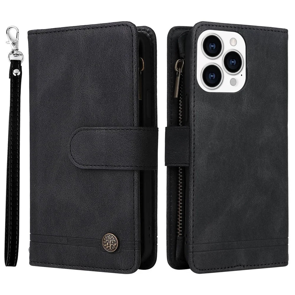 For iPhone 14 Pro Max 6.7 inch Tree Pattern Hardware Stripes Imprinted Skin-touch Wallet Stand Leather Cover Zipper Pocket Protective Case - Black - 1