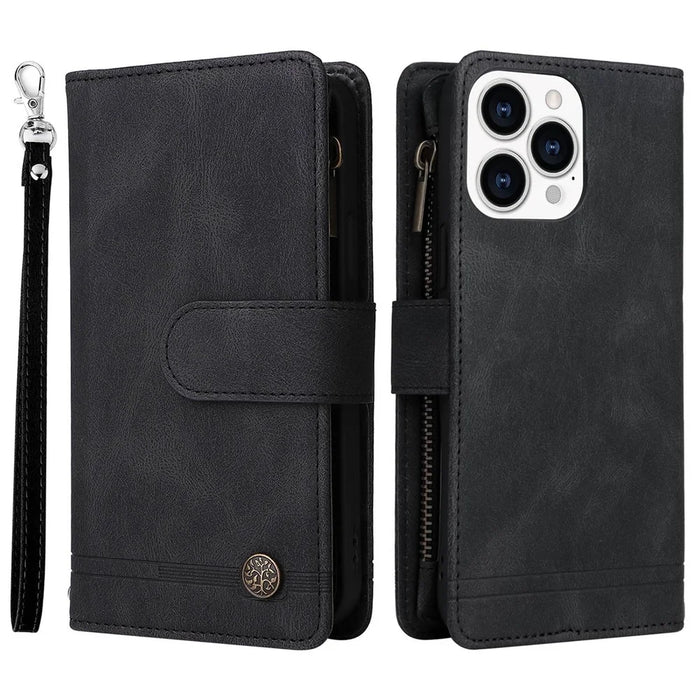 For iPhone 14 Pro Max 6.7 inch Tree Pattern Hardware Stripes Imprinted Skin-touch Wallet Stand Leather Cover Zipper Pocket Protective Case - Black - 1