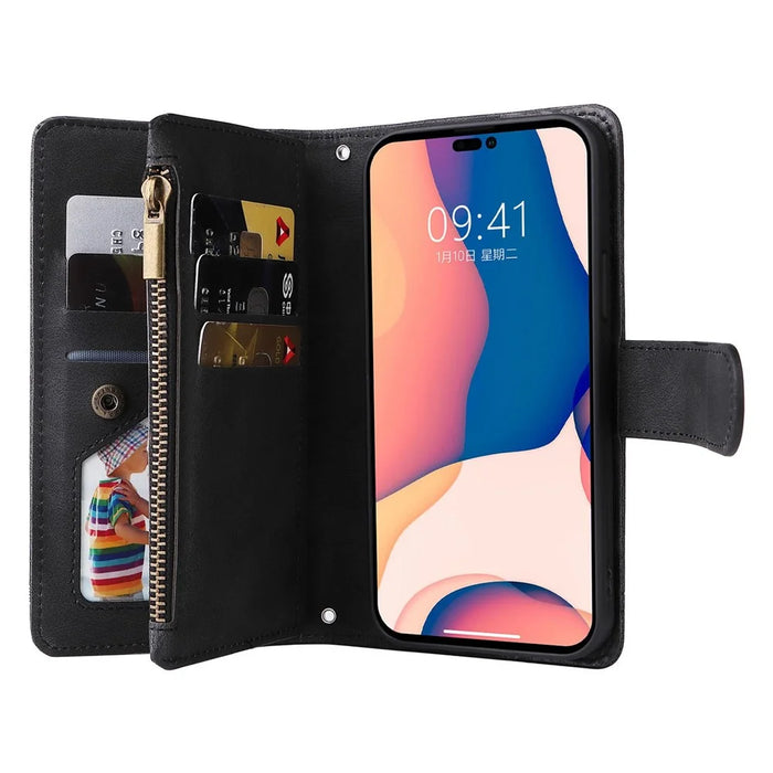 For iPhone 14 Pro Max 6.7 inch Tree Pattern Hardware Stripes Imprinted Skin-touch Wallet Stand Leather Cover Zipper Pocket Protective Case - Black - 2