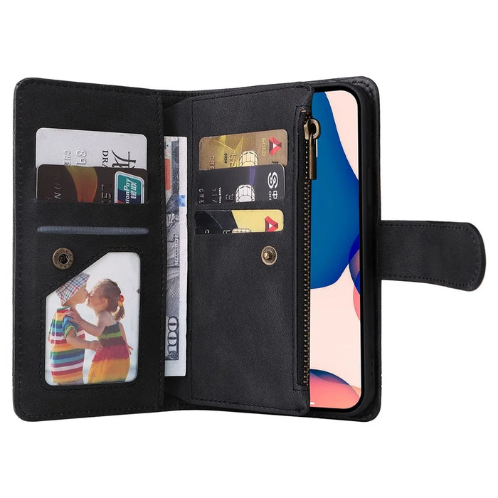 For iPhone 14 Pro Max 6.7 inch Tree Pattern Hardware Stripes Imprinted Skin-touch Wallet Stand Leather Cover Zipper Pocket Protective Case - Black - 3