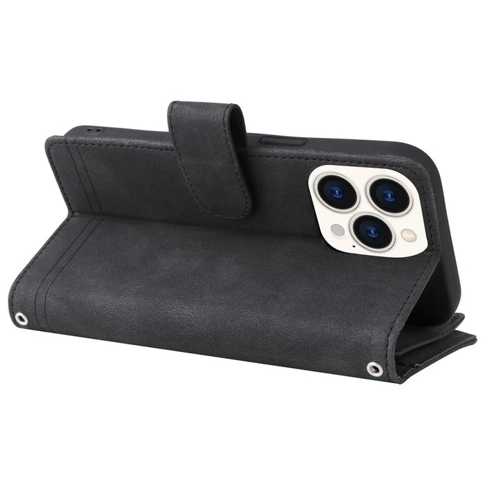 For iPhone 14 Pro Max 6.7 inch Tree Pattern Hardware Stripes Imprinted Skin-touch Wallet Stand Leather Cover Zipper Pocket Protective Case - Black - 5