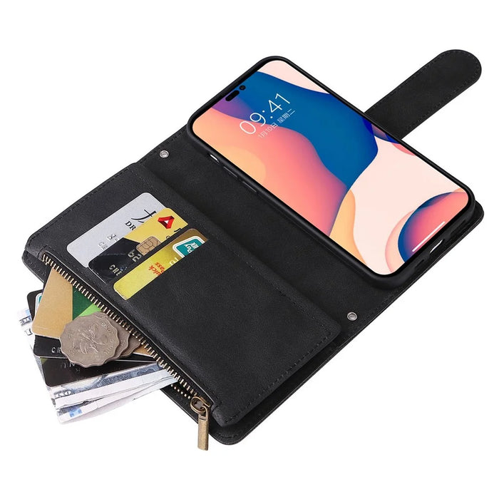 For iPhone 14 Pro Max 6.7 inch Tree Pattern Hardware Stripes Imprinted Skin-touch Wallet Stand Leather Cover Zipper Pocket Protective Case - Black - 6