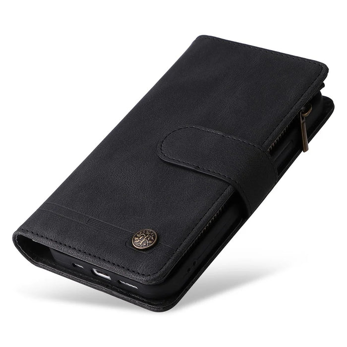 For iPhone 14 Pro Max 6.7 inch Tree Pattern Hardware Stripes Imprinted Skin-touch Wallet Stand Leather Cover Zipper Pocket Protective Case - Black - 7