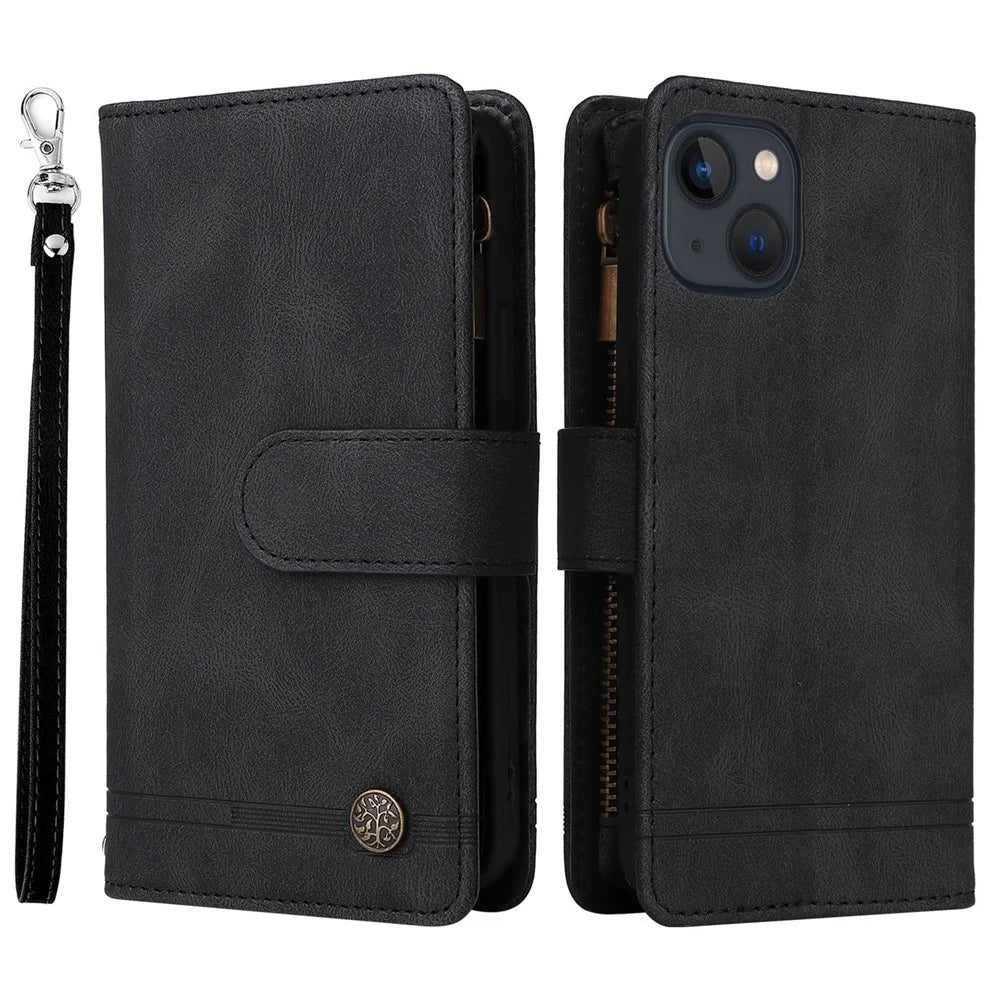 For iPhone 14 6.1 inch Drop Resistant Skin-touch Stripes Imprinted Leather Cover Card Slots Flip Wallet Stand Protective Case with Zipper Pocket - Black - 1