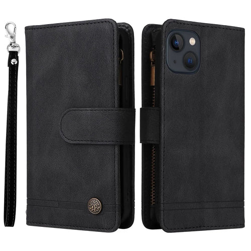 For iPhone 14 6.1 inch Drop Resistant Skin-touch Stripes Imprinted Leather Cover Card Slots Flip Wallet Stand Protective Case with Zipper Pocket - Black - 1