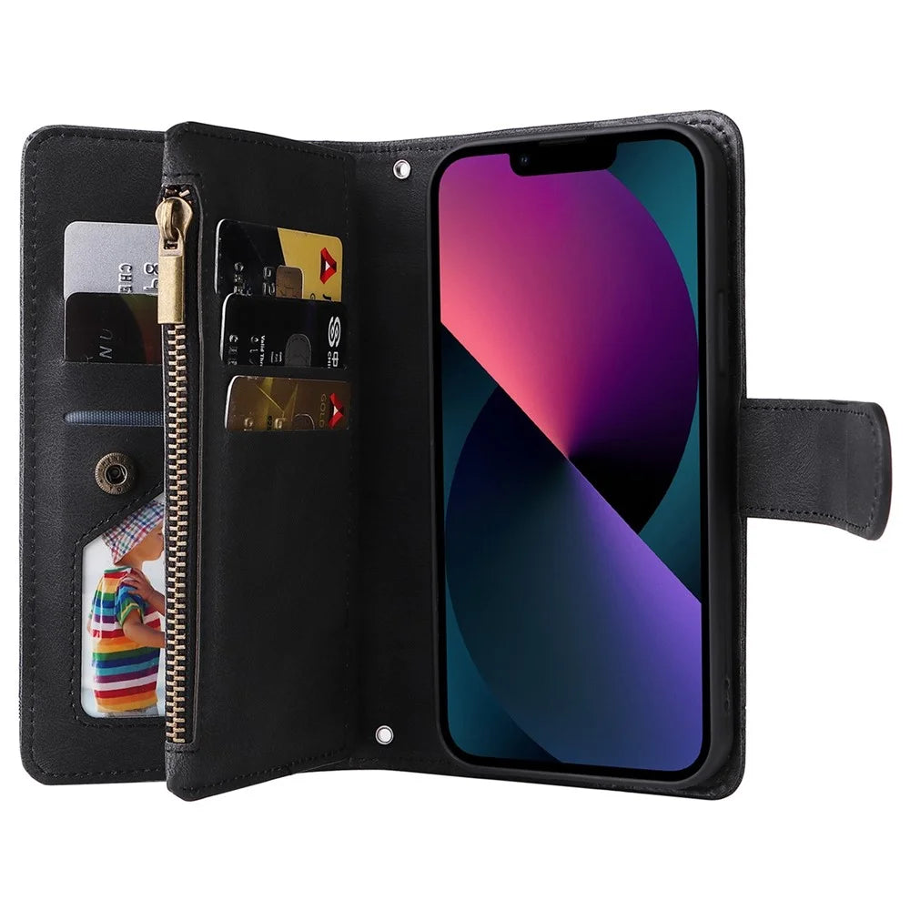 For iPhone 14 6.1 inch Drop Resistant Skin-touch Stripes Imprinted Leather Cover Card Slots Flip Wallet Stand Protective Case with Zipper Pocket - Black - 2