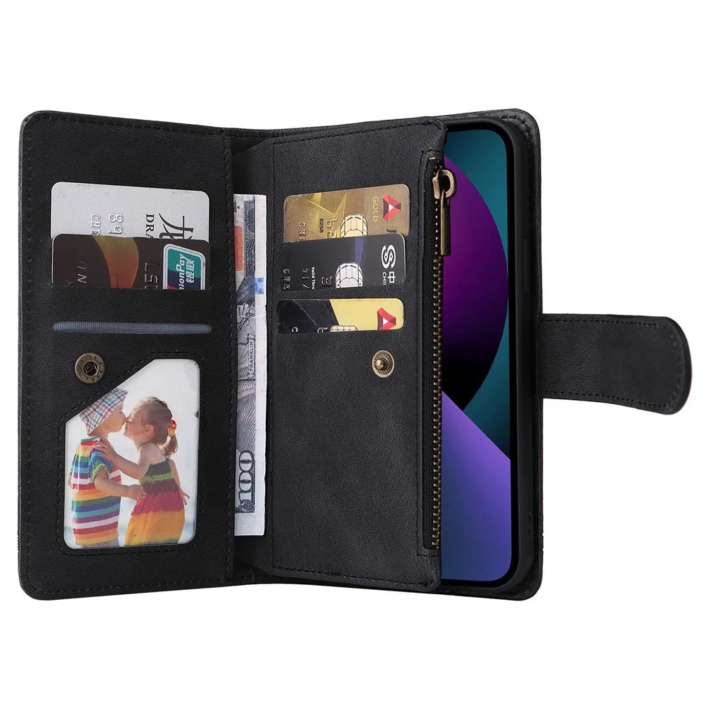 For iPhone 14 6.1 inch Drop Resistant Skin-touch Stripes Imprinted Leather Cover Card Slots Flip Wallet Stand Protective Case with Zipper Pocket - Black - 3