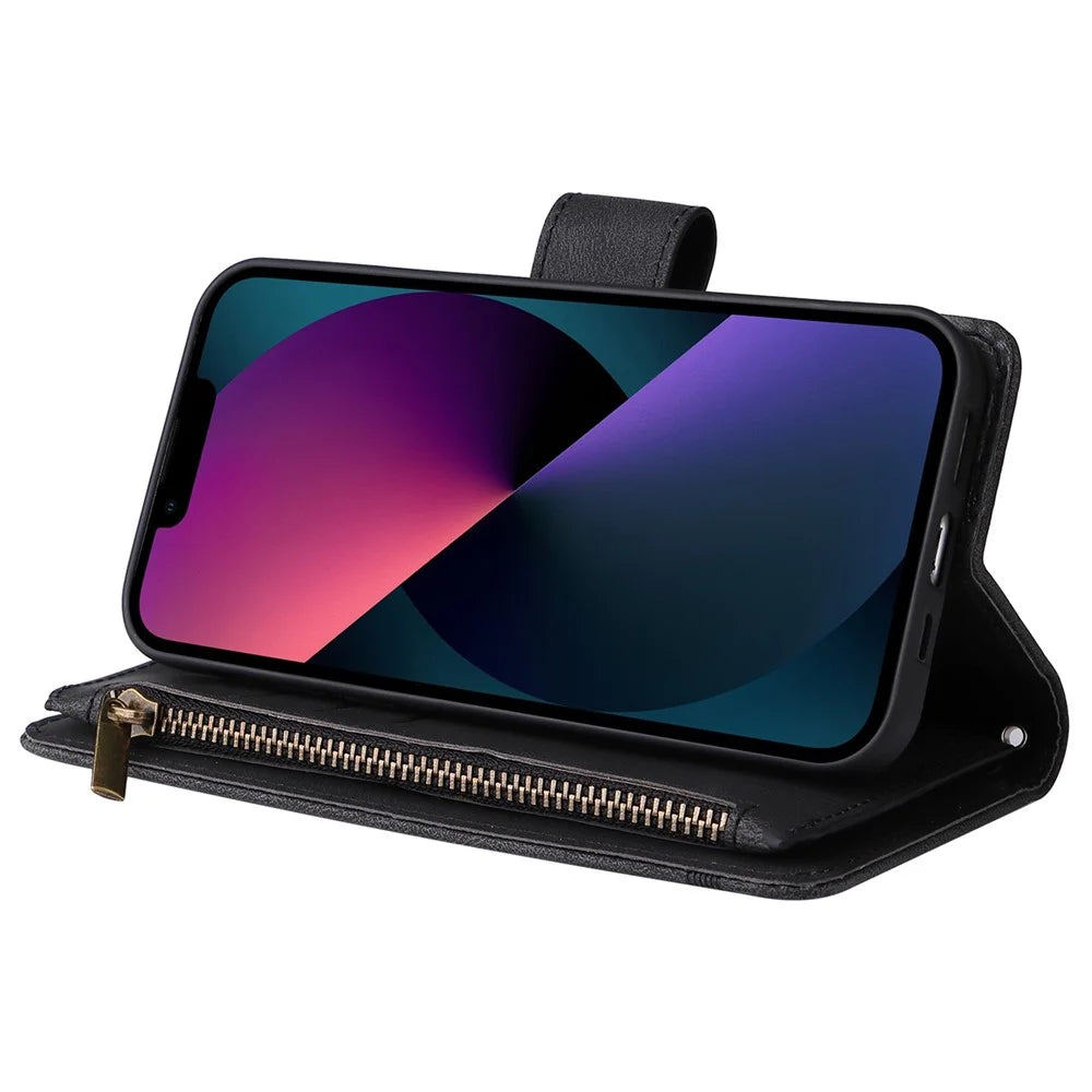 For iPhone 14 6.1 inch Drop Resistant Skin-touch Stripes Imprinted Leather Cover Card Slots Flip Wallet Stand Protective Case with Zipper Pocket - Black - 4
