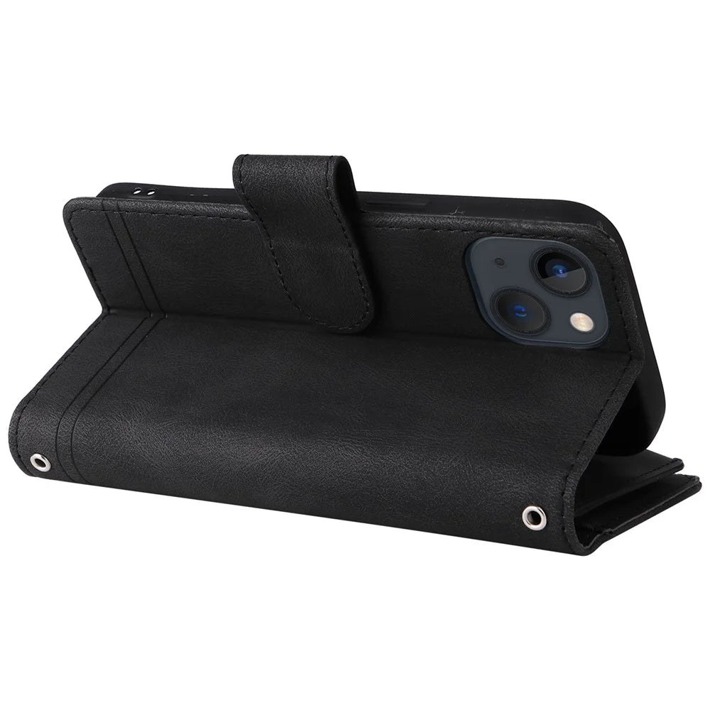 For iPhone 14 6.1 inch Drop Resistant Skin-touch Stripes Imprinted Leather Cover Card Slots Flip Wallet Stand Protective Case with Zipper Pocket - Black - 5