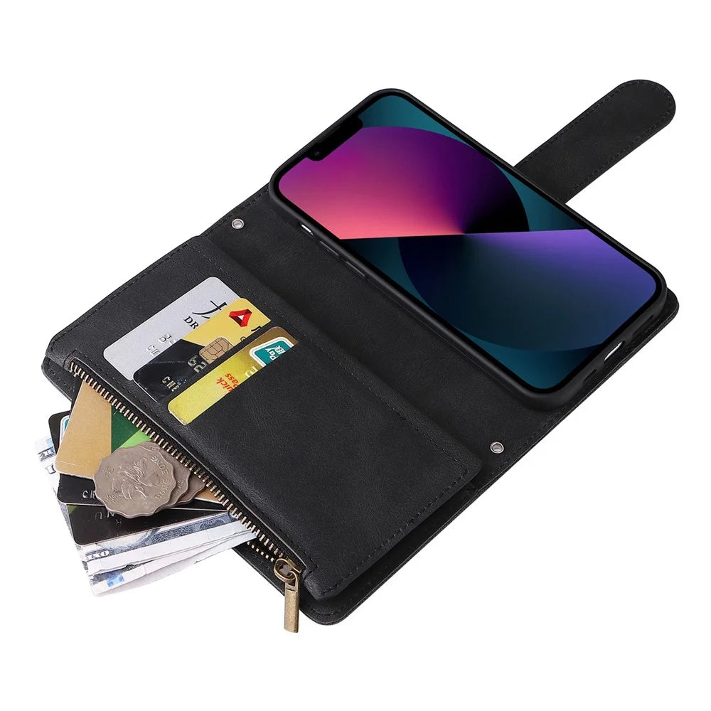 For iPhone 14 6.1 inch Drop Resistant Skin-touch Stripes Imprinted Leather Cover Card Slots Flip Wallet Stand Protective Case with Zipper Pocket - Black - 6