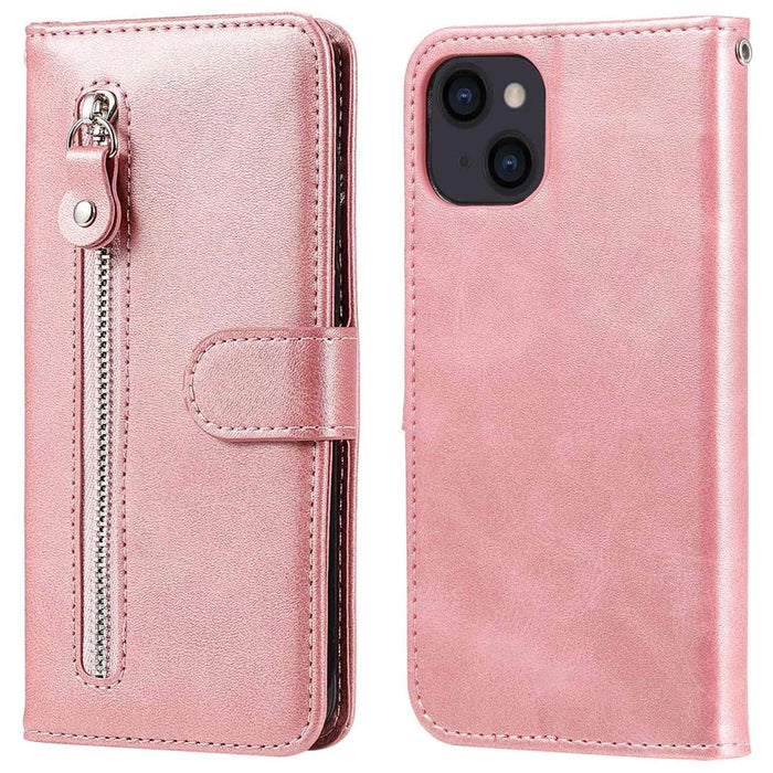 For iPhone 14 6.1 inch Folio Flip Phone Case Outer Zipper Pocket PU Leather Stand Wallet Cover - Rose Gold - 1
