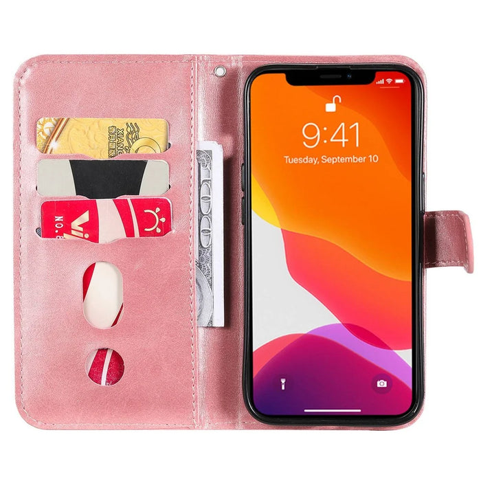 For iPhone 14 6.1 inch Folio Flip Phone Case Outer Zipper Pocket PU Leather Stand Wallet Cover - Rose Gold - 2
