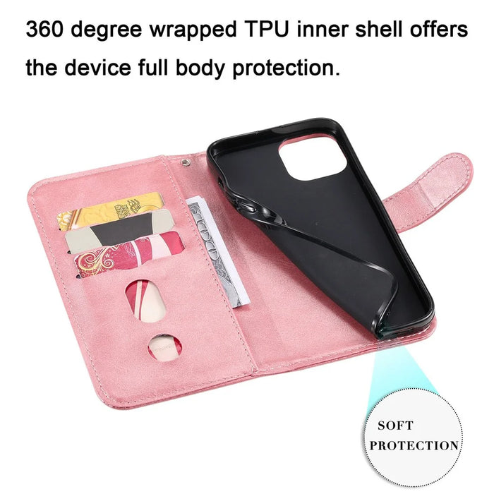 For iPhone 14 6.1 inch Folio Flip Phone Case Outer Zipper Pocket PU Leather Stand Wallet Cover - Rose Gold - 6