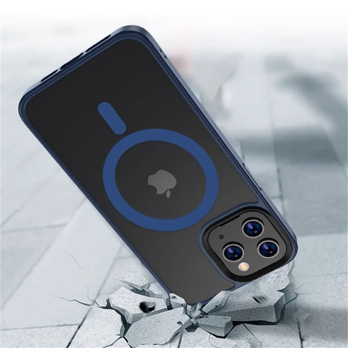 For iPhone 14 6.1 inch Magsafe Charging Matte Phone Cover TPU Bumper + Hard PC Hybrid Case - Blue - 2