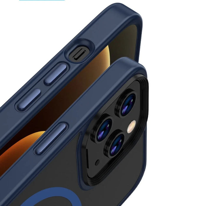 For iPhone 14 6.1 inch Magsafe Charging Matte Phone Cover TPU Bumper + Hard PC Hybrid Case - Blue - 5