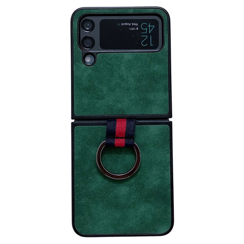 For Samsung Galaxy Z Flip4 5G Metal Finger Ring Phone Case Anti-scratch PU Leather Coated PC Back Cover - Green - 1