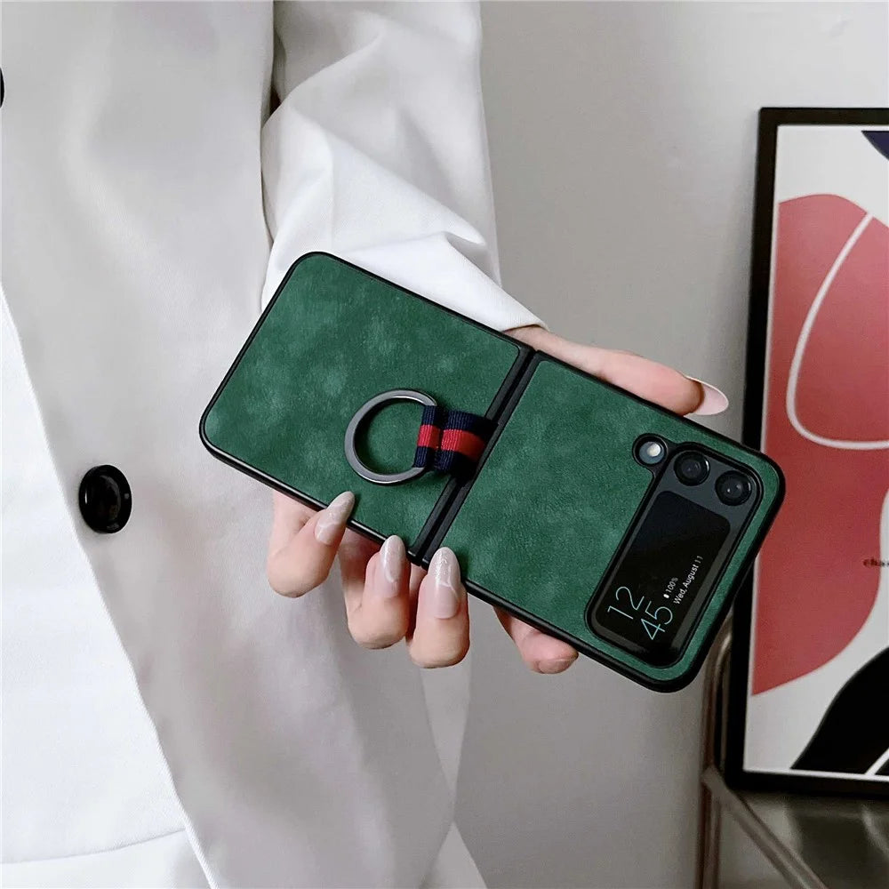 For Samsung Galaxy Z Flip4 5G Metal Finger Ring Phone Case Anti-scratch PU Leather Coated PC Back Cover - Green - 3