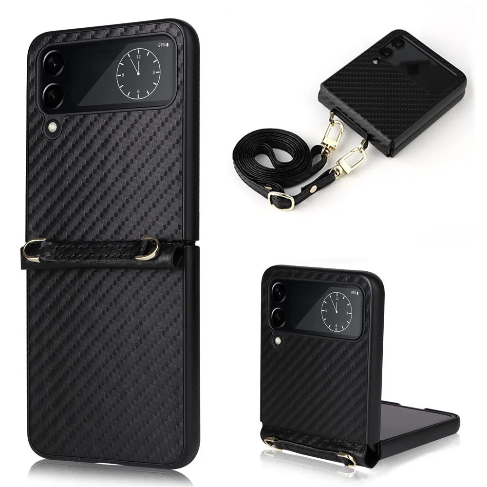 For Samsung Galaxy Z Flip4 5G Carbon Fiber Texture Leather Coated PC Folding Phone Case with Long Lanyard - Black - 1