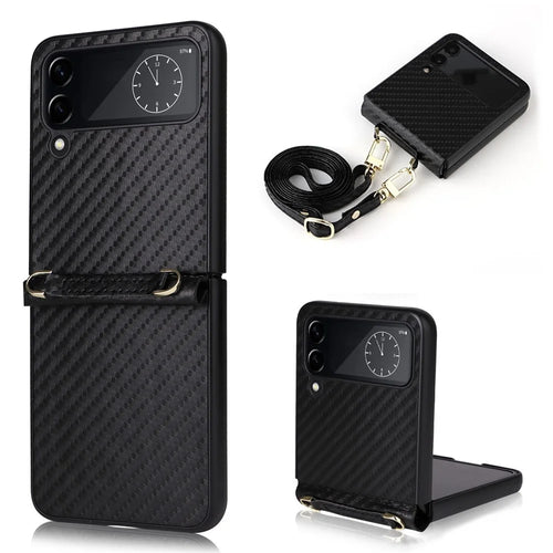 For Samsung Galaxy Z Flip4 5G Carbon Fiber Texture Leather Coated PC Folding Phone Case with Long Lanyard - Black - 1