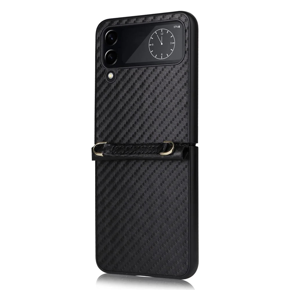 For Samsung Galaxy Z Flip4 5G Carbon Fiber Texture Leather Coated PC Folding Phone Case with Long Lanyard - Black - 2
