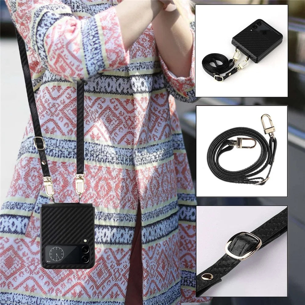 For Samsung Galaxy Z Flip4 5G Carbon Fiber Texture Leather Coated PC Folding Phone Case with Long Lanyard - Black - 3