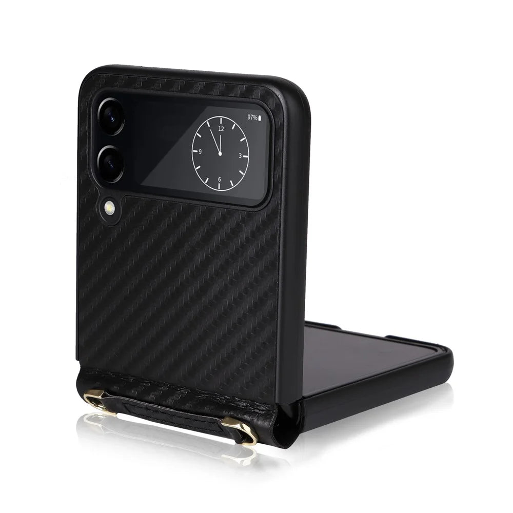 For Samsung Galaxy Z Flip4 5G Carbon Fiber Texture Leather Coated PC Folding Phone Case with Long Lanyard - Black - 5