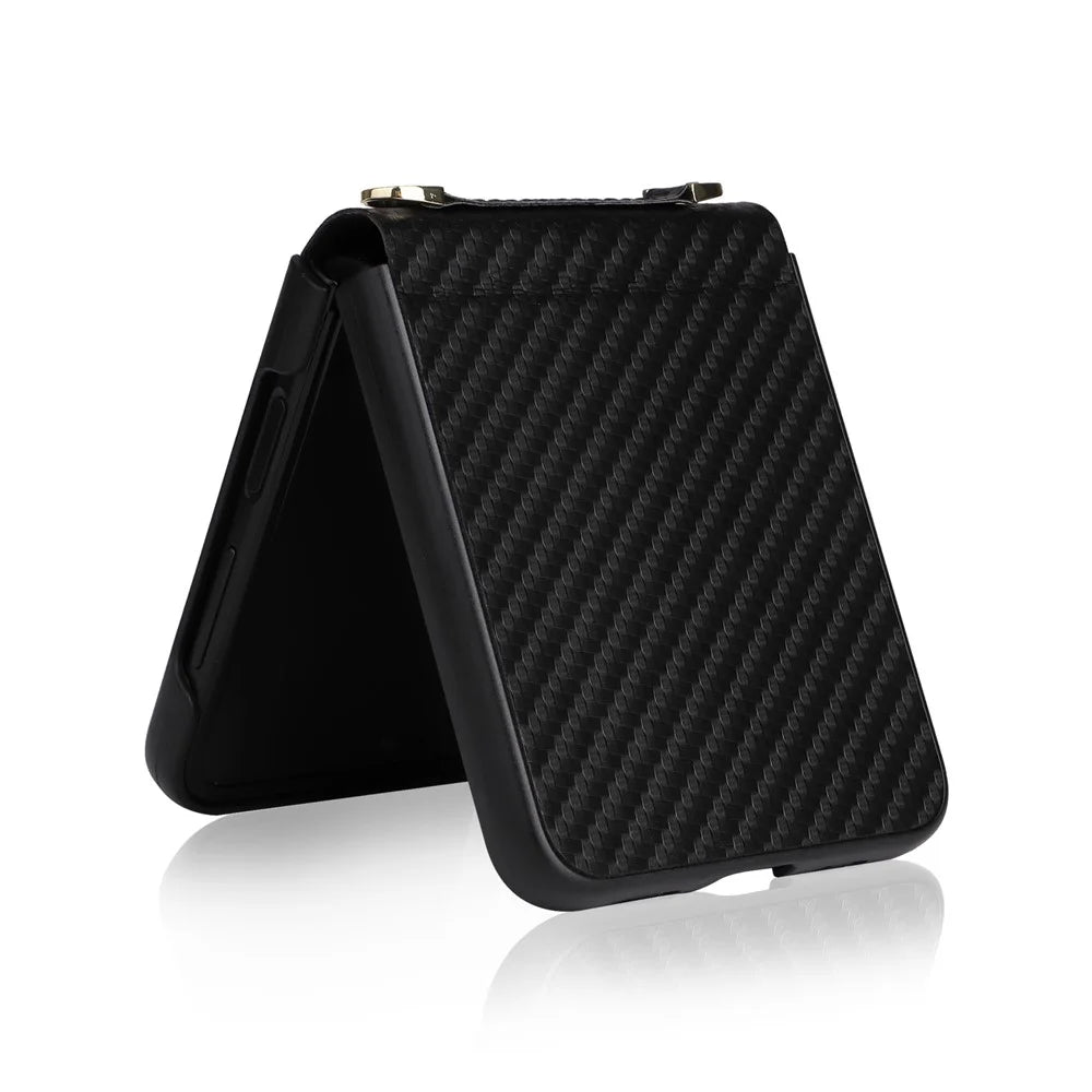 For Samsung Galaxy Z Flip4 5G Carbon Fiber Texture Leather Coated PC Folding Phone Case with Long Lanyard - Black - 7