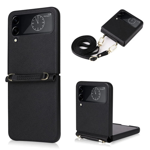 For Samsung Galaxy Z Flip4 5G Textured Leather Coated PC Cover Drop-proof Phone Case with Long Lanyard - Black - 1