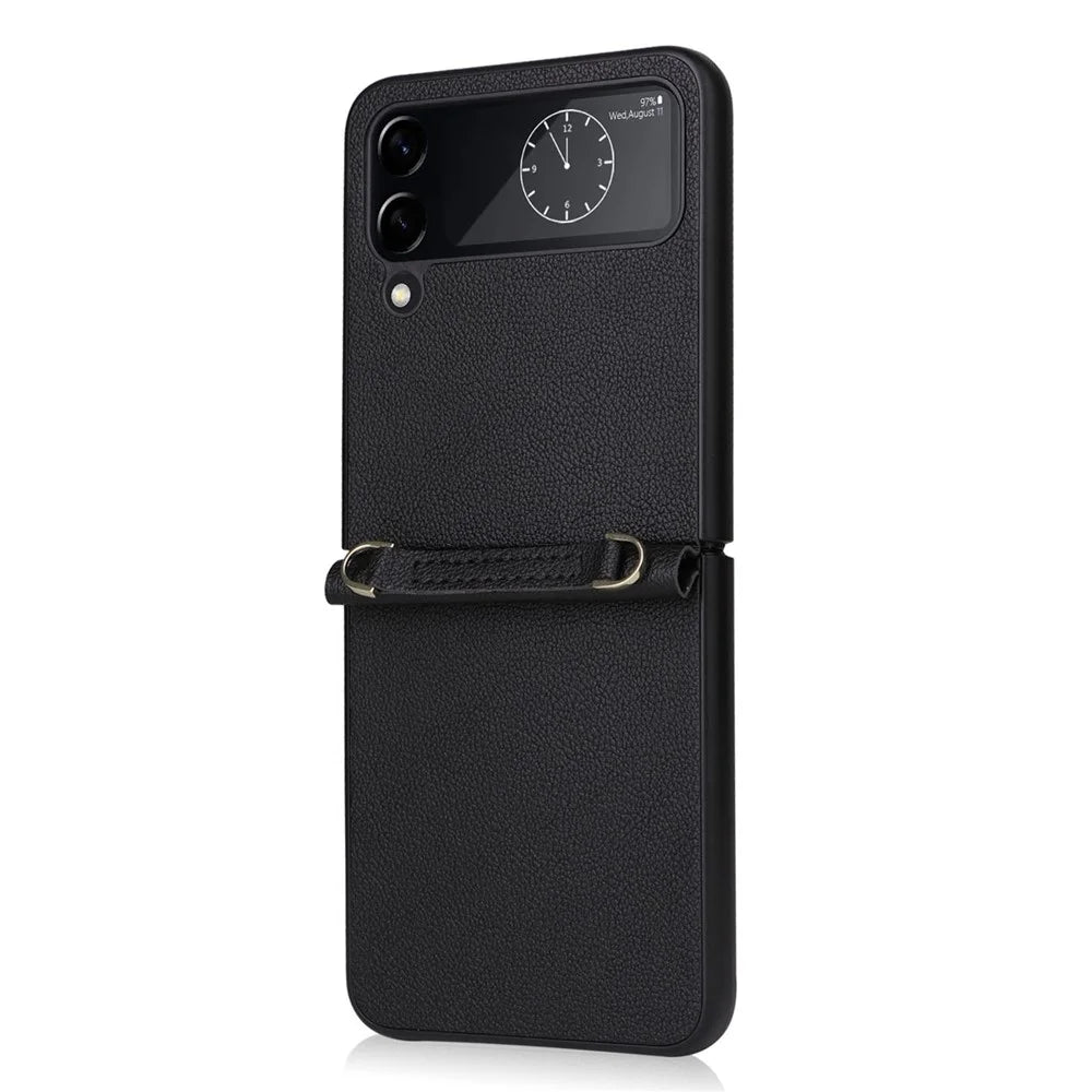For Samsung Galaxy Z Flip4 5G Textured Leather Coated PC Cover Drop-proof Phone Case with Long Lanyard - Black - 2