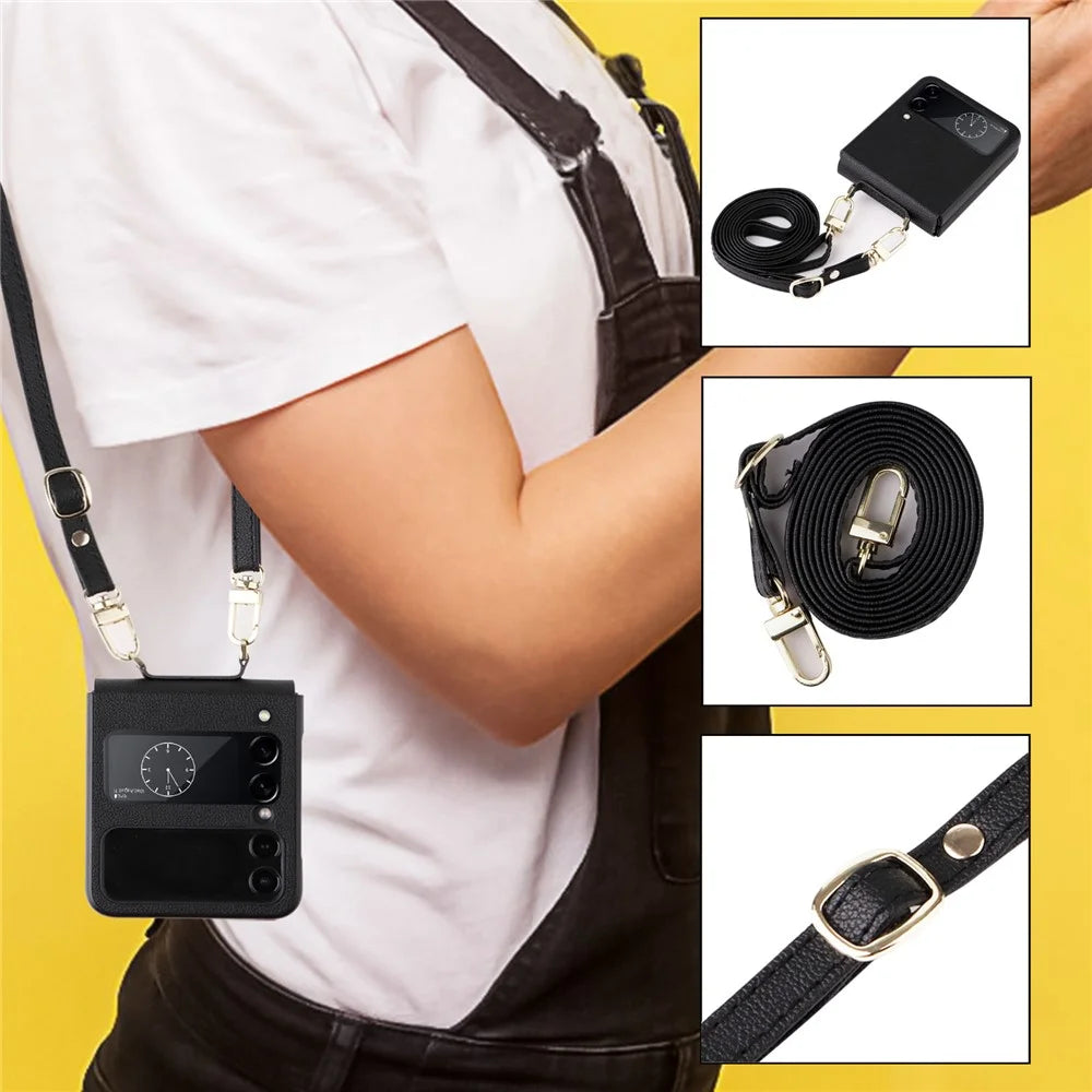 For Samsung Galaxy Z Flip4 5G Textured Leather Coated PC Cover Drop-proof Phone Case with Long Lanyard - Black - 3