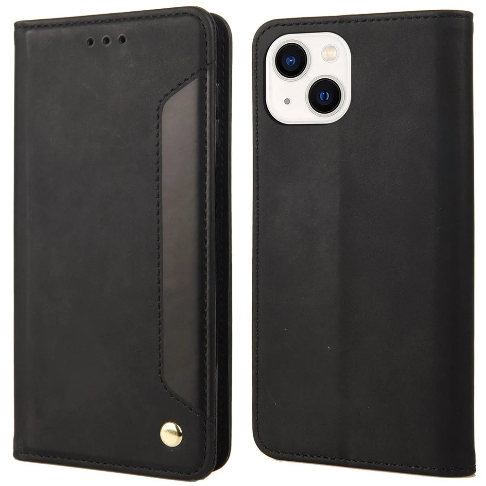 For iPhone 14 6.1 inch Stand Wallet Splicing Skin-touch Leather Phone Case Magnetic Auto-absorbed Folio Flip Cover - Black - 1