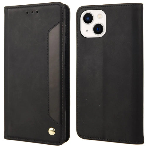 For iPhone 14 6.1 inch Stand Wallet Splicing Skin-touch Leather Phone Case Magnetic Auto-absorbed Folio Flip Cover - Black - 1