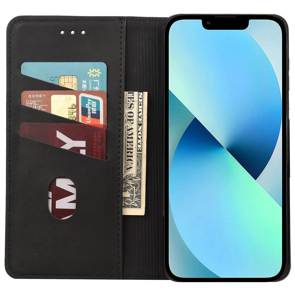 For iPhone 14 6.1 inch Stand Wallet Splicing Skin-touch Leather Phone Case Magnetic Auto-absorbed Folio Flip Cover - Black - 2