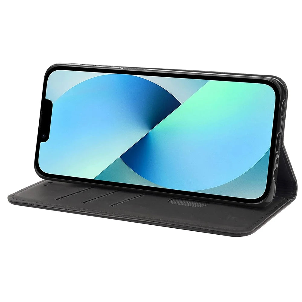 For iPhone 14 6.1 inch Stand Wallet Splicing Skin-touch Leather Phone Case Magnetic Auto-absorbed Folio Flip Cover - Black - 3