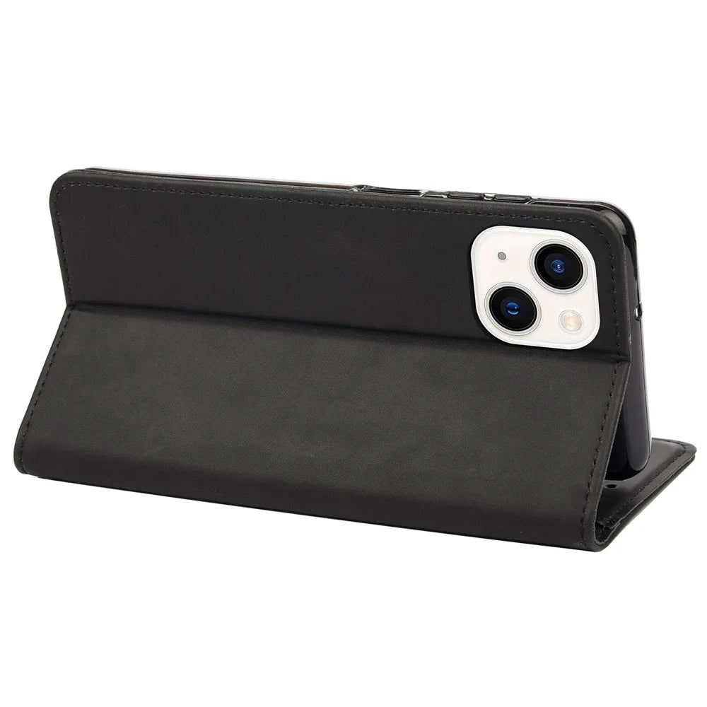 For iPhone 14 6.1 inch Stand Wallet Splicing Skin-touch Leather Phone Case Magnetic Auto-absorbed Folio Flip Cover - Black - 4